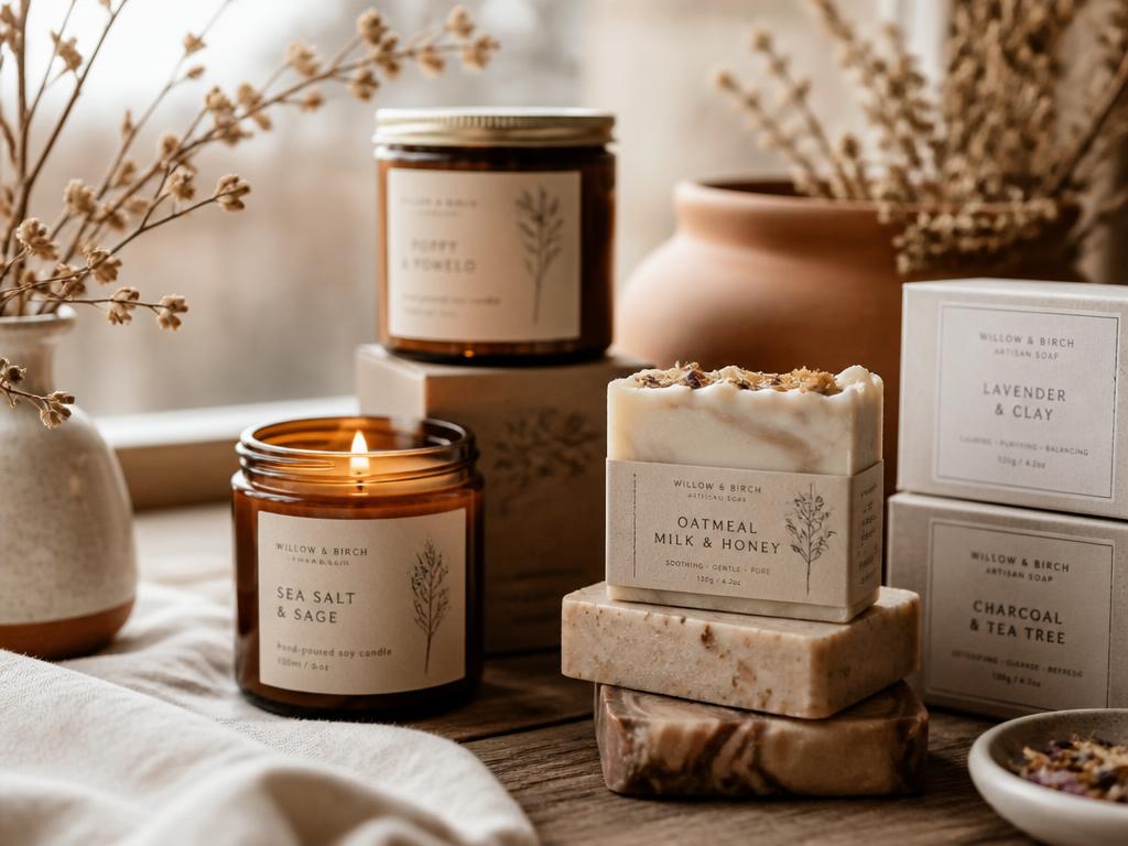 Handcrafted candles and soaps arranged in the Selby House studio